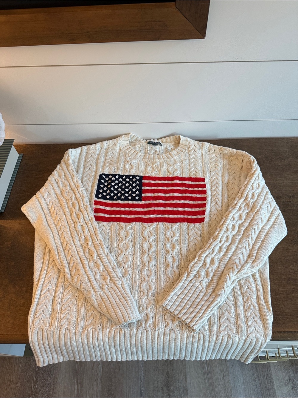 wild fable Cream Cable-Knit Crewneck Sweater with American Flag Patch